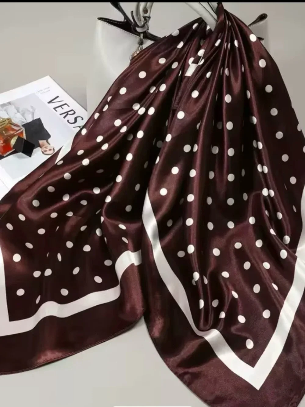 Polka Dot Satin Scarf in Burgundy and White